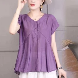 Summer New Fashion V-neck Loose Casual Spliced Shirt Ladies Short Sleeve Oversized Literary Vintage All-match Blouse Women's Top