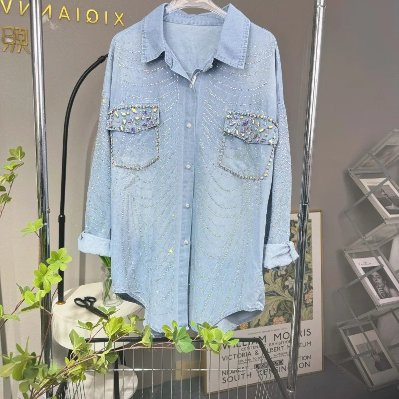 Korean Chic Denim Shirt Jacket Women 2024 Early Spring Women Clothing Striped Crystal Rhinestone Jean Coat Casual Loose Shirt