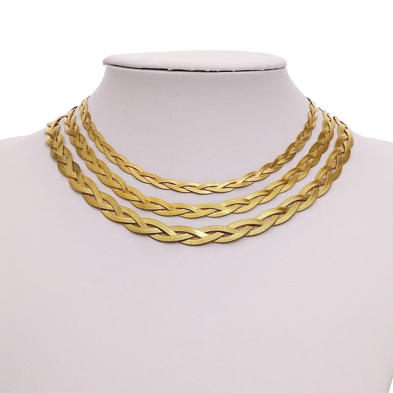 Einfache, gedrehte Flachklingen-Schlangenkette aus Edelstahl, Fischgrät-Halskette, gewebtes Schlangen-Collier, edler Schlüsselbein-Choker-Schmuck – Detail 3