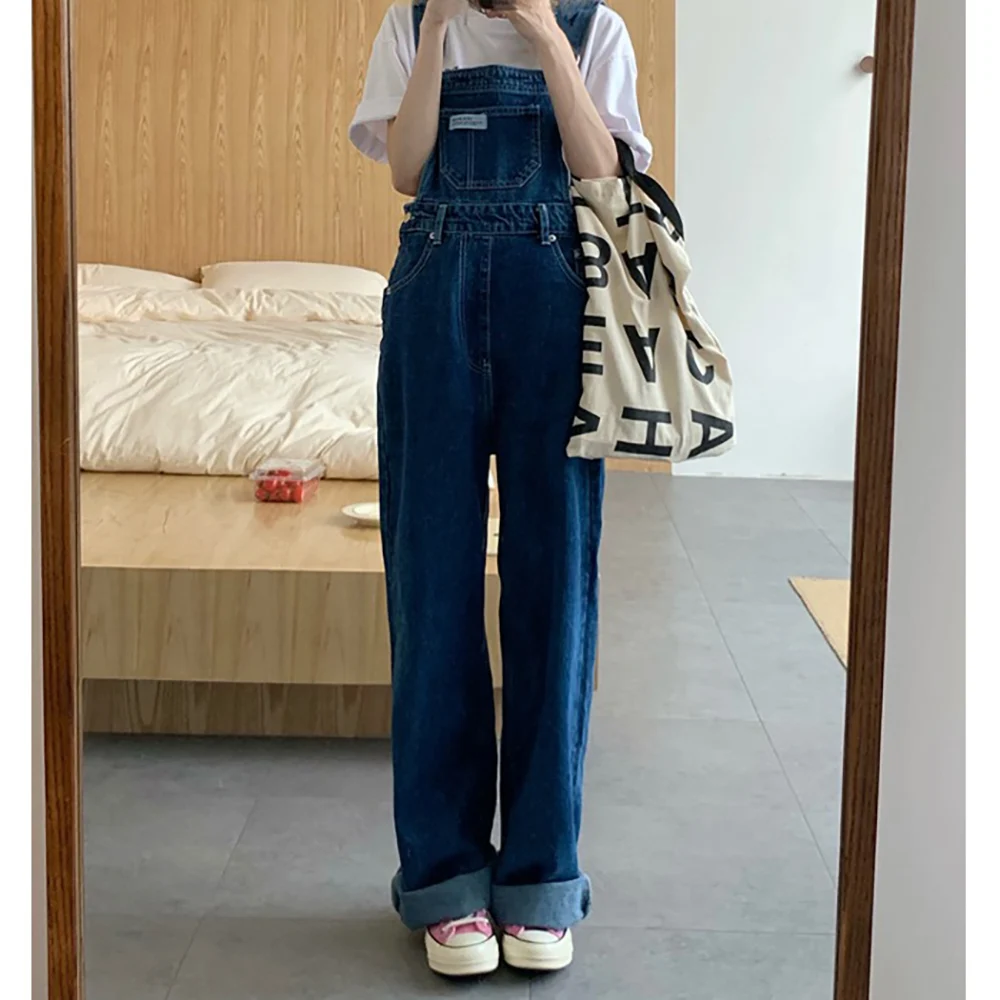 Vintage Straight Loose Denim Pants Women Overalls Fashion High Wasit Wide Leg Pants Jumpsuit Casual Straps Suspender Jeans