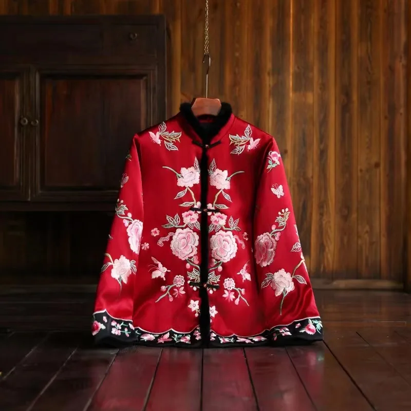 High-end Winter Women Coat Retro Embroidery Elegant Lady Chinese New Year Acetate Jacket Female S-XXL