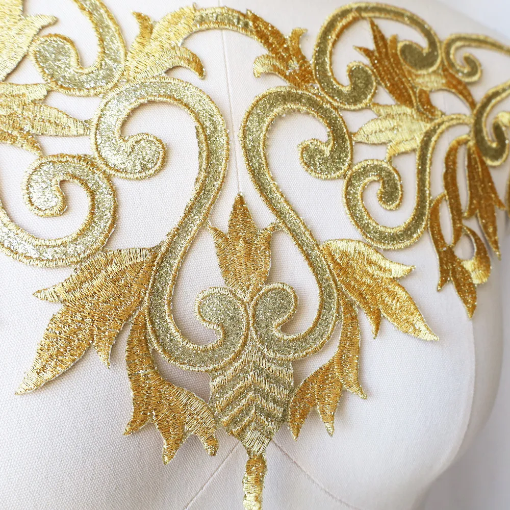 Gold Embroidery Sequin Baroque Flower Applique Fabric Collar Sew Iron Patch Wedding Bridal Gown Dress DIY Clothes Decor Crafts