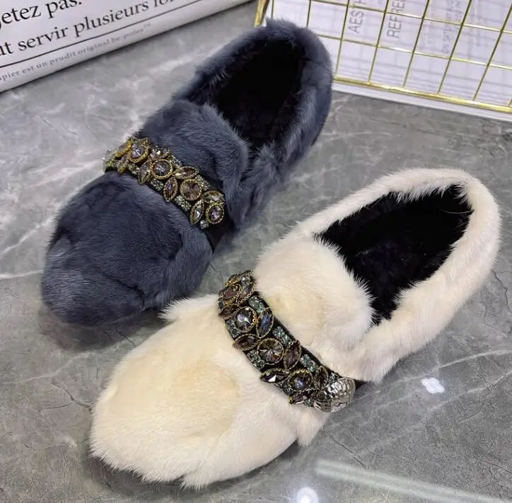 

Winter Real Mink Fur Rhinestone Crystal Belt Flats Fur Shoes Slip On Full Fur Leisure Loafers Woman Warm Fur Shoes