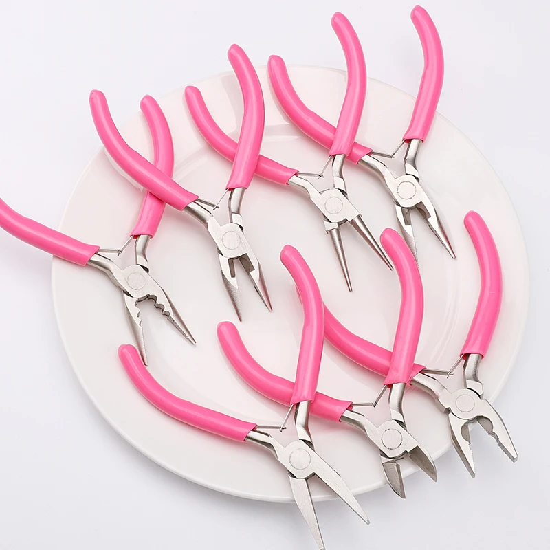 Pink Handle Plier Diagonal Round Bent Needle Nose Cutting Wire Pliers For Jewelry Making Tools Handcraft Beading DIY Accessories