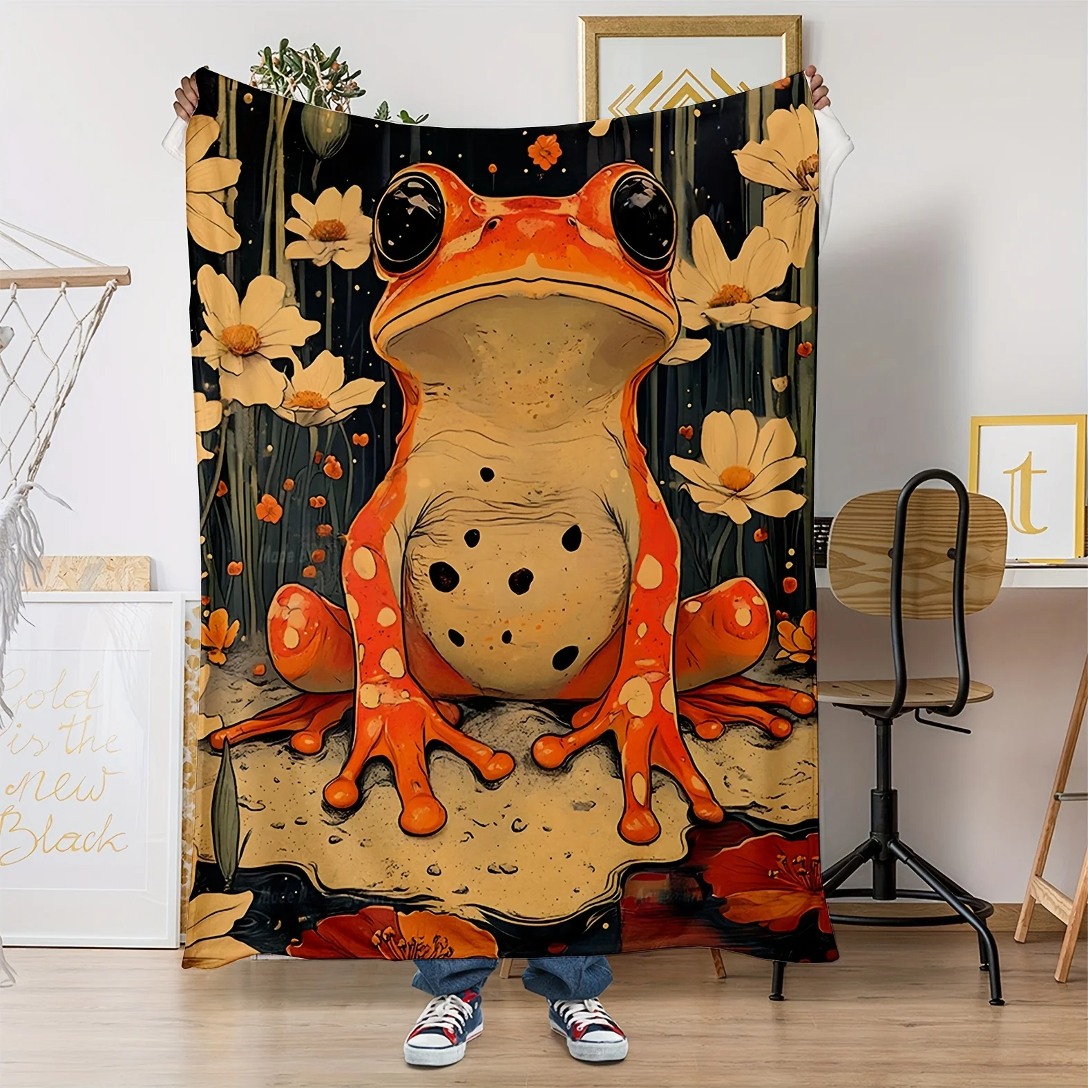 Bright orange frog pattern Flannel printed blanket suitable for all seasons suitable for living room office sofa and travel