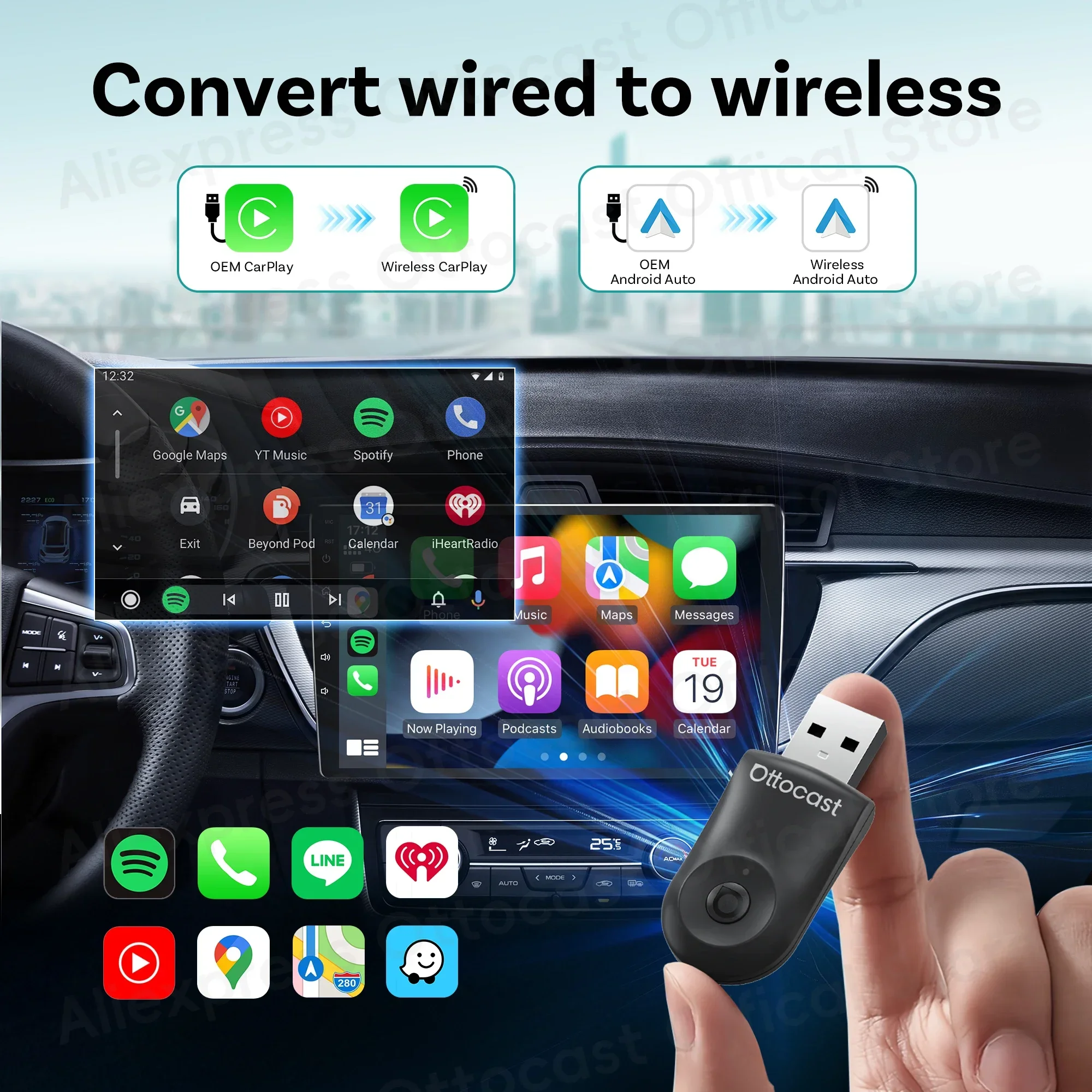 OTTOCAST MINI Adapter Wireless CarPlay Android Auto USB Dongle Bluetooth Car Accessories 2025 for VW Mazda Chery Toyata Ford