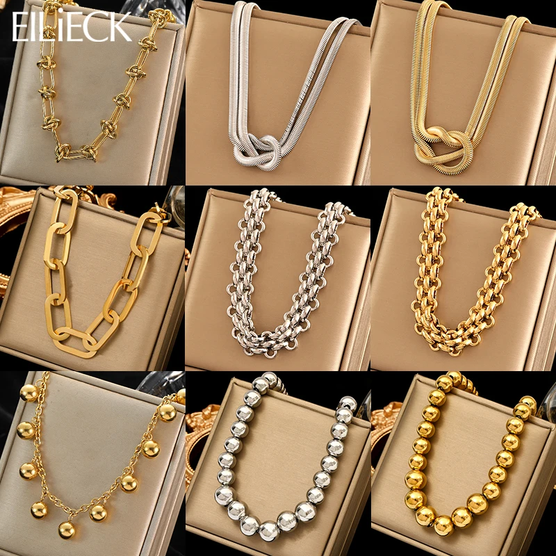 

EILIECK 316L Stainless Steel Gold Silver Color Thick Bead Chain Necklace For Women Trendy Waterproof Neck Chain Jewelry Gift