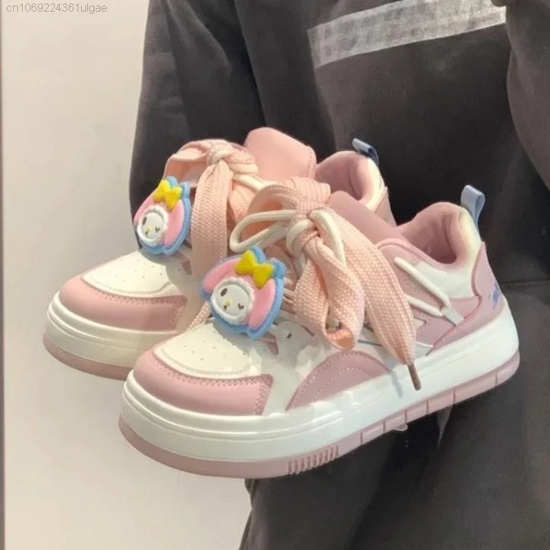 Sanrio Melody sapatos de plataforma de desenhos animados para mulheres, sapatos de tabuleiro kawaii, tênis feminino respirável, Y2k, doce, fofo, estudante, coreano, novo, verão