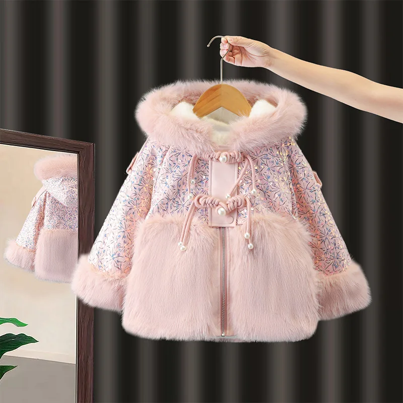 Casaco de pele sintética com forro de Fce para meninas Suéter com botão brilhante Inverno Faion Little Princ Top corte reto longo S...