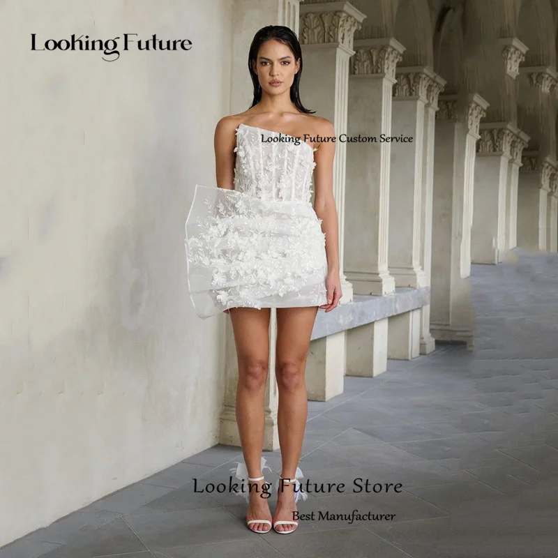 Requintado tule mini apliques vestido de casamento moderno sem alças plissado bordado vestido de noiva sexy aberto volta com zíper customizd