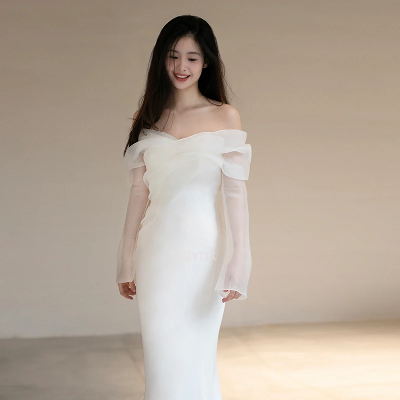 Simple Satin Mermaid Wedding Dress Elegant Off-Shoulder Long Bridal Gown White Tulle Long Sleeve Party Formal Occasion Dress