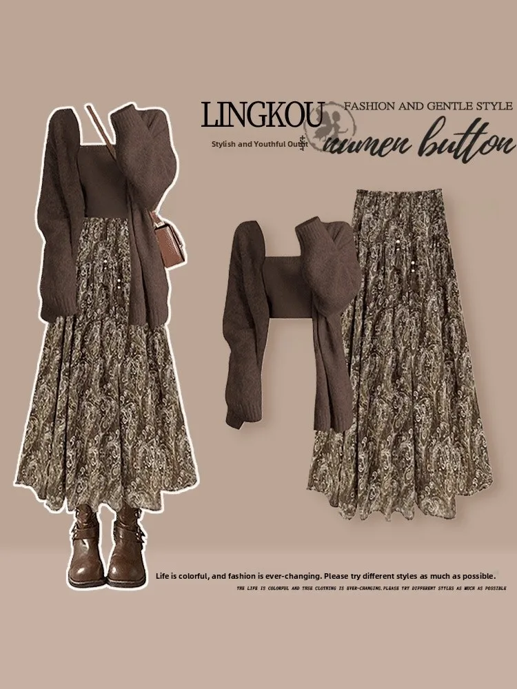 

Комплект из трех предметов: вязаный кардиган, топ-халтер и юбка миди с цветочным принтом в винтажном осеннем стиле, большие размеры, для женщин, с эффектом омоложения