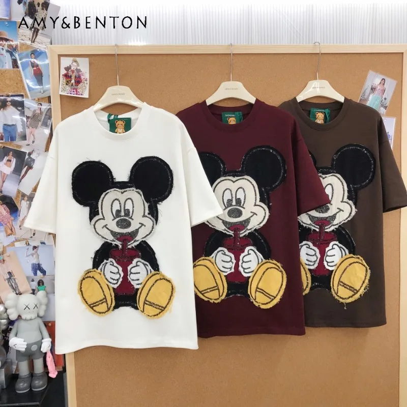 

American Style Trendy Fashion Cartoon Sequin Patch Embroidered Tshirts Pure Cotton Loose Round Neck Short Sleeved T-shirt Top
