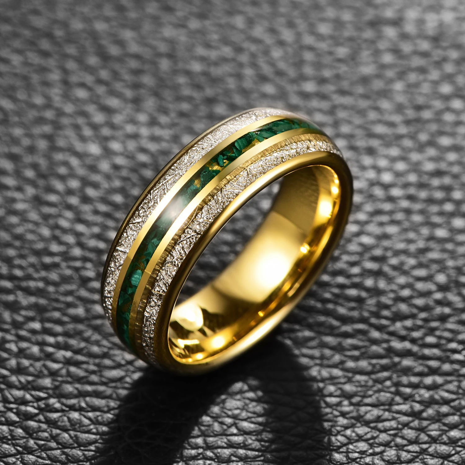 BONLAVIE 8mm Electric Gold Color Inlaid Meteorite Green Gravel Tungsten Steel Ring Fashion Wedding Rings for Men Best Gift