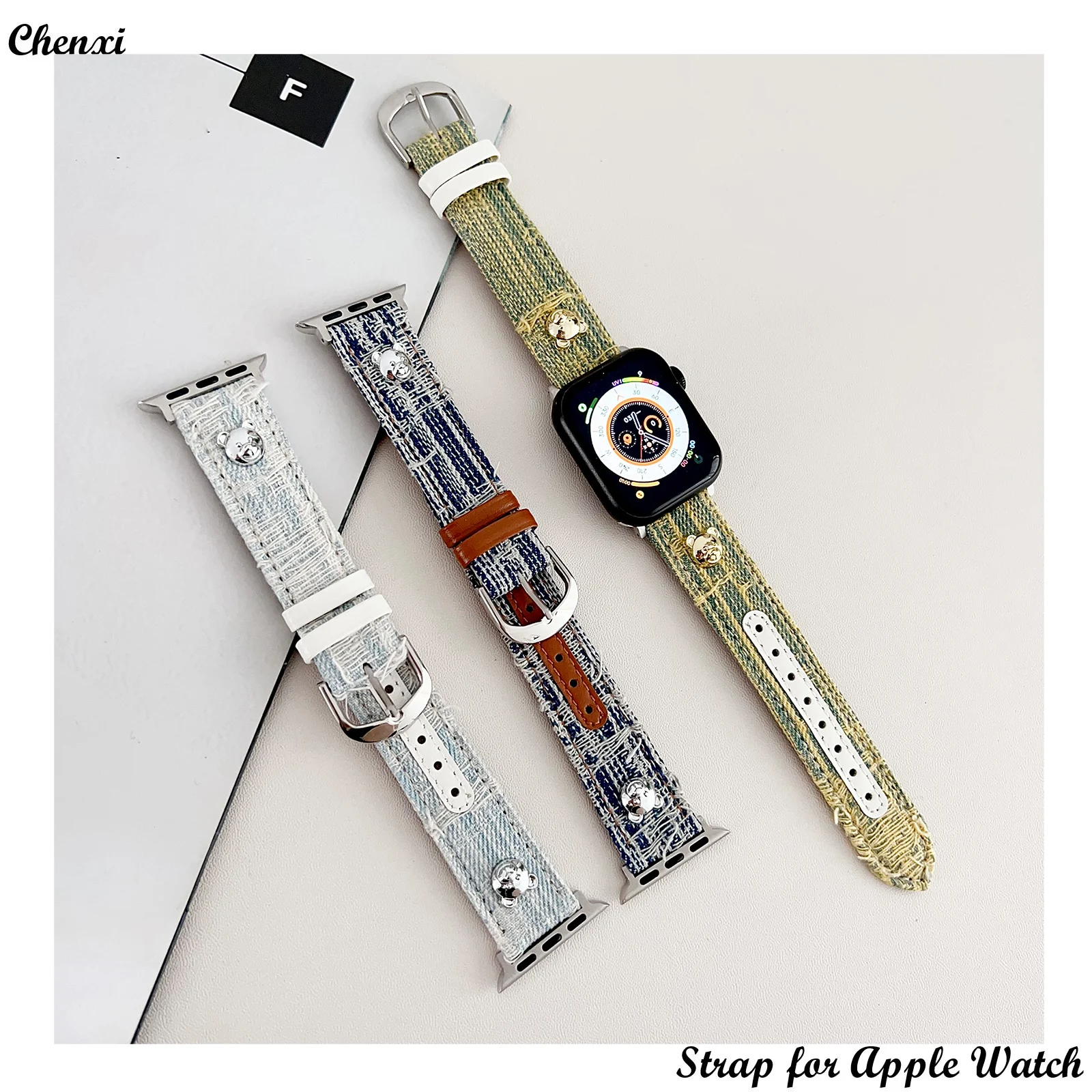 

Denim strap for Apple watch band cute bear chain for Iwatch9 SE38 40 41 42 44 45 49MM Ultra women make old cloth wrist