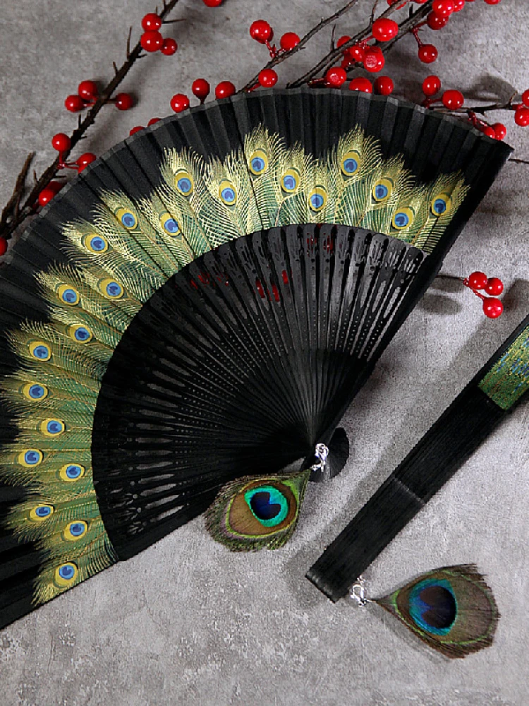 Chinese Style Peacock Fan Bamboo Fan Feather Classical Craft Female Dance Hanfu Pendant Retro Daily Use Ghatpot Silk Folding Fan