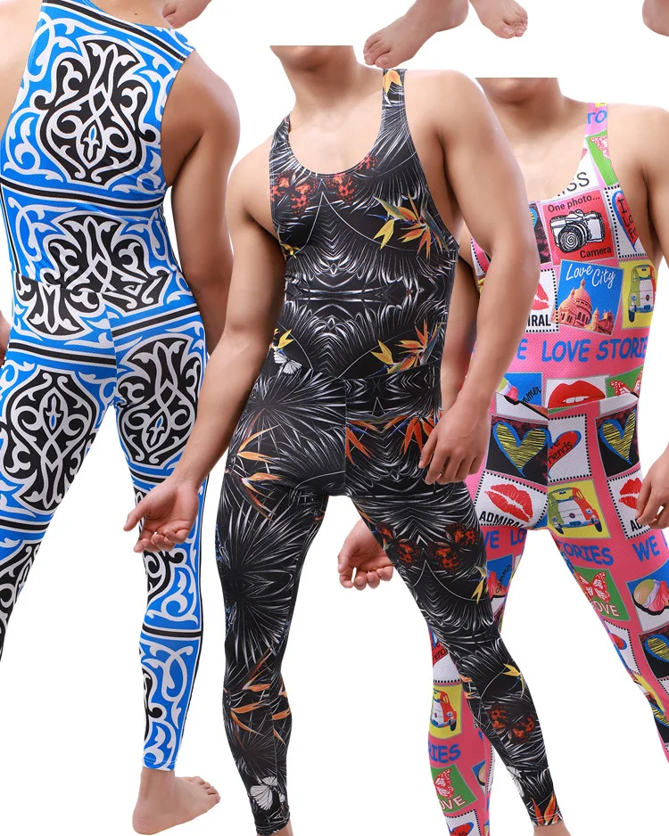 Sexy Print Bodysuit Men Bodywear Sports Gym Undershirts Fitness Bodybuilding Wrestling Singlet Jumpsuits Club Nightwear Lingerie