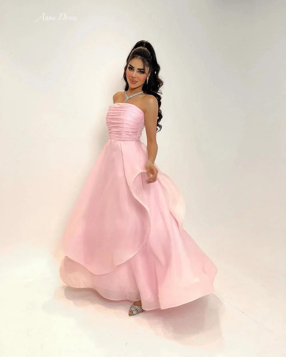 Anna Layered Elegant Party Dresses Woman Wedding Dress Custom Made Dresses for Special Occasions Tube Top Line A Pink Gauze Prom