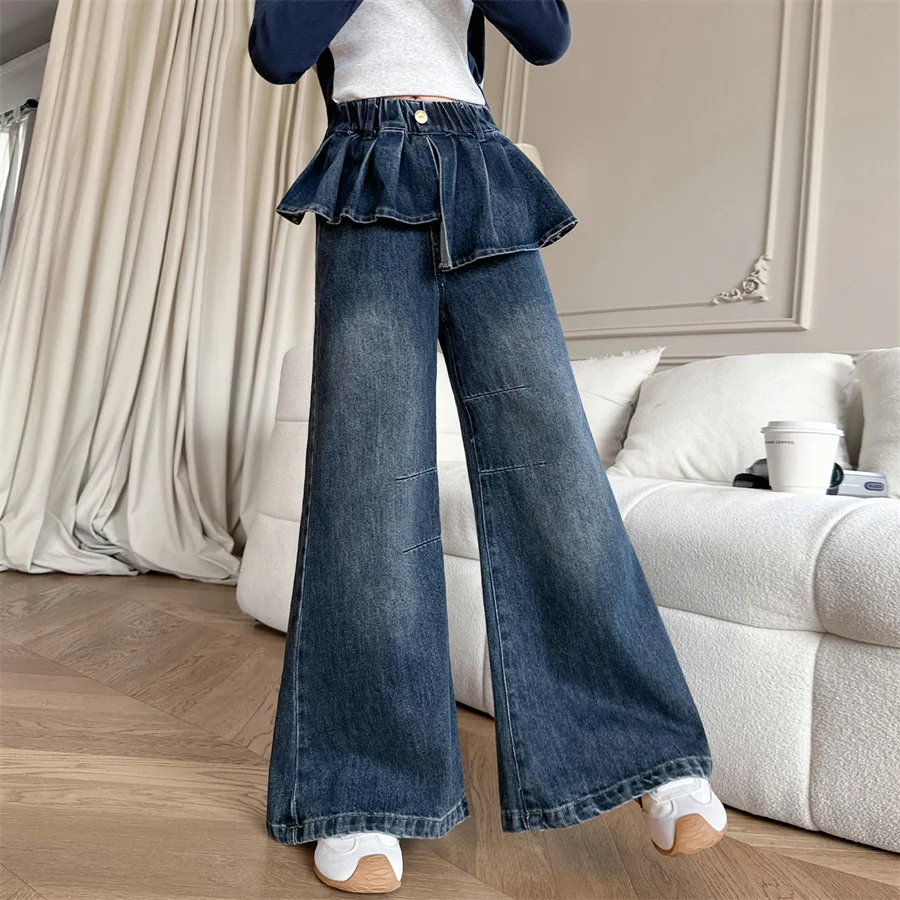 New Kids Designer Fashion Wide Leg Jeans with Skirt for Tween Girls Stylish Y2K Street Denim Pants Child Fashion Baggy Trousers