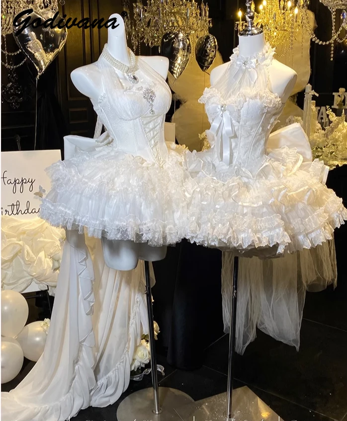 Fee Kurzes Hochzeitskleid Mädchen Frühling Sommer Damen Romantische Jubiläumszeremonie Neckholder Weißes Spitzenblumenhochzeitskleid