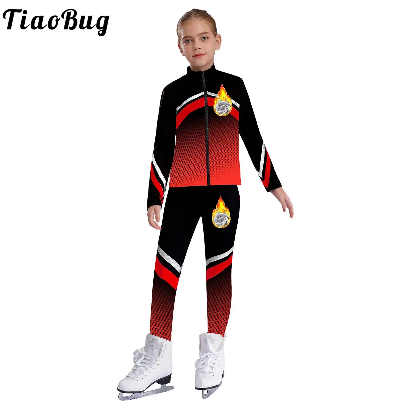 Kids Girls Figure Skating Gymnastics Performance Costume Striped Zipper Sweatshirt with Leggings Yoga Workout Sports Tracksuits