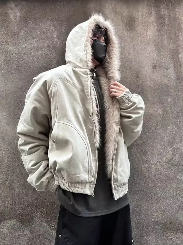 

Thiened Fce Autumn Winter Canvas Coat Men's Cleanfit Waed High Sensation Hooded Cotton Jaet Warm Long Sve ort S...