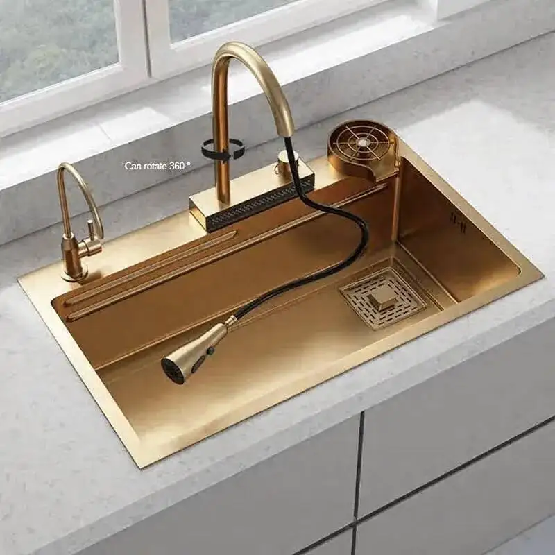

Personalized Beige Gold Sinks for Home Kitchen Sinks with Basket Modern Minimalist Thickened Metal Smart Kitchen Sink for Hotel