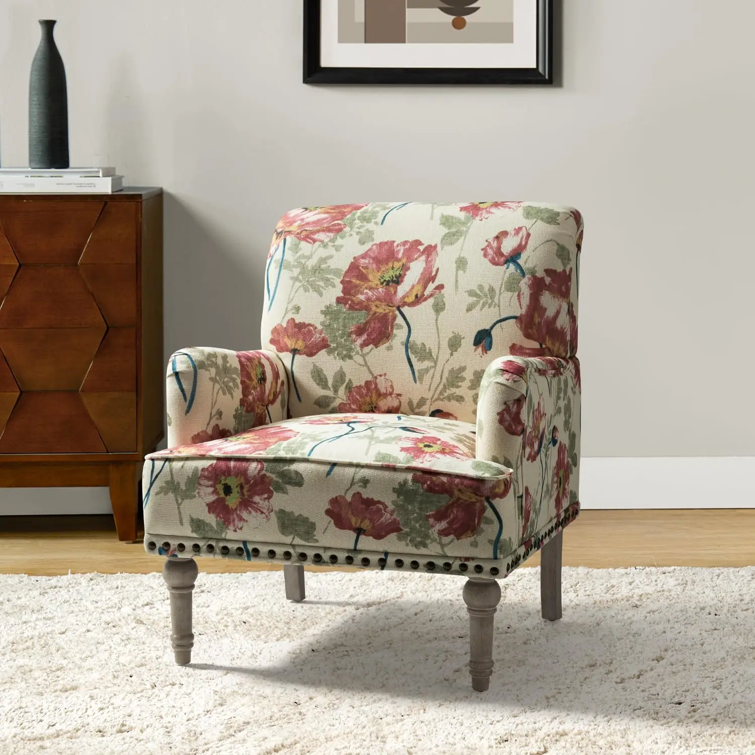 Modern Armchair With Wooden Legs & Nailhead Trim, Comfy Upholstered Accent Chair For Living Room Bedroom (Floral Patterns, Red)