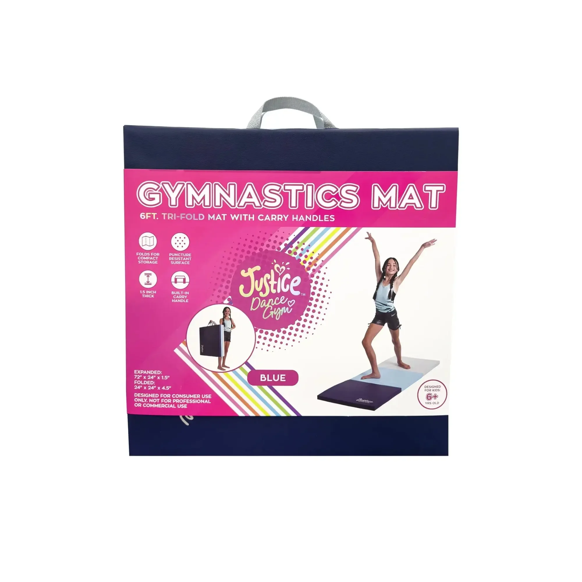 سجادة جمباز ثلاثية قابلة للطي مقاس 6 بوصات مع مقابض حمل، متعددة الألوان، أزرق، سمك 1.5 بوصة، سجادة تمرين