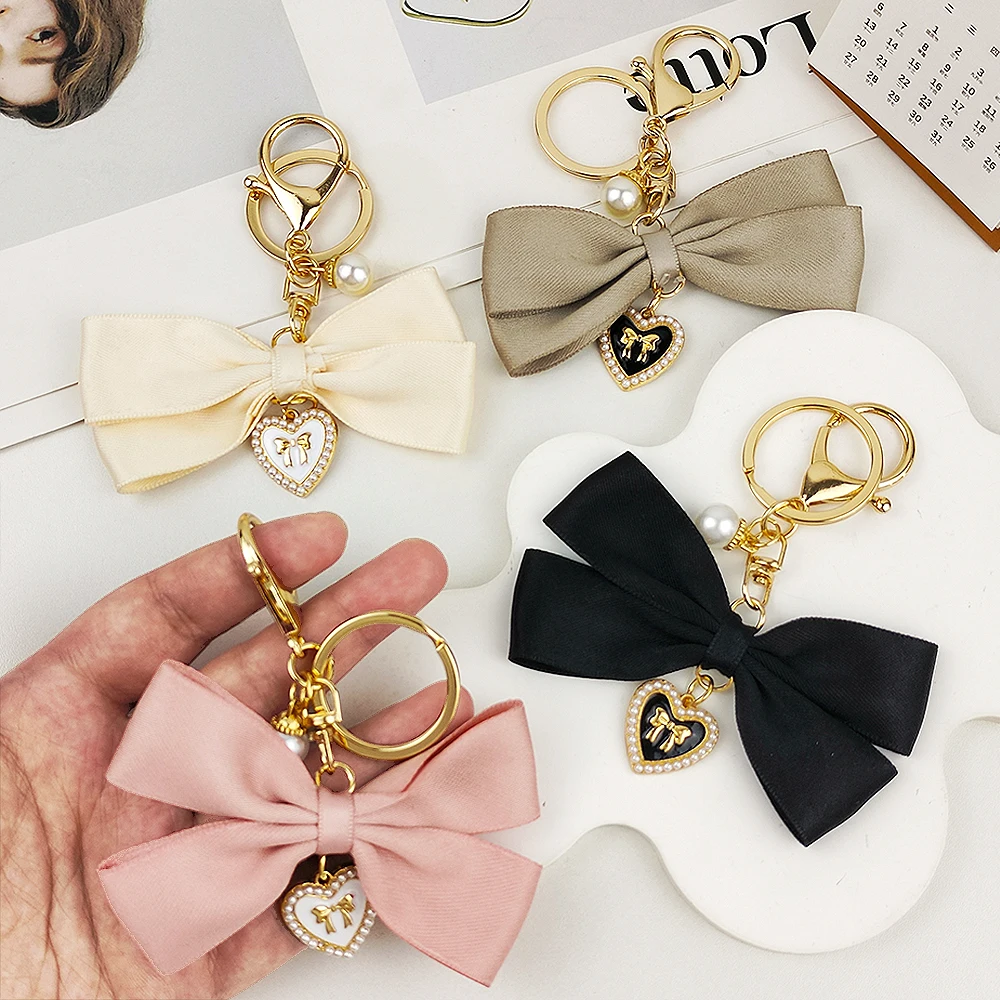 1Pc Cute Big Bow Charms Keychains with Imitation Pearl Bead Wristlet for Women Car Trinket Accessories Keyrings Bag Pendant Gift