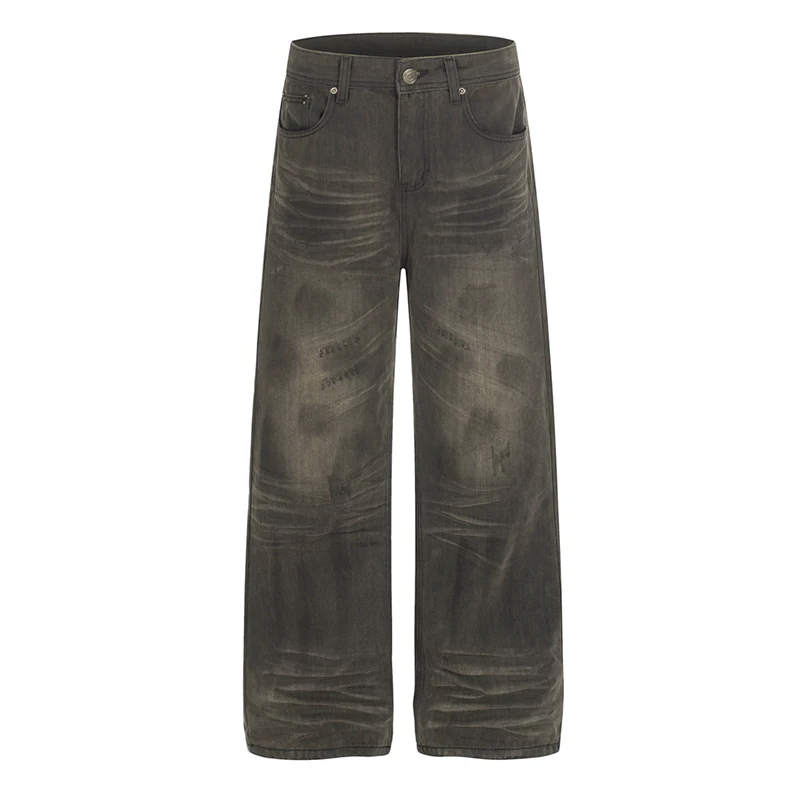 

American Style Cat Whiskers Distressed Dirty Men's Jeans Straight Loose Denim Long Pants Versatile Trendy Trousers