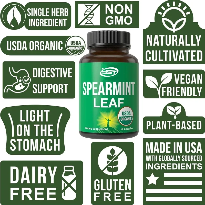 

USDA Organic Spearmint Capsules. Organic Vegetarian Spearmint Leaf Pill, Suitable for Acne, Digestive Support, Intake, PCOS, Etc