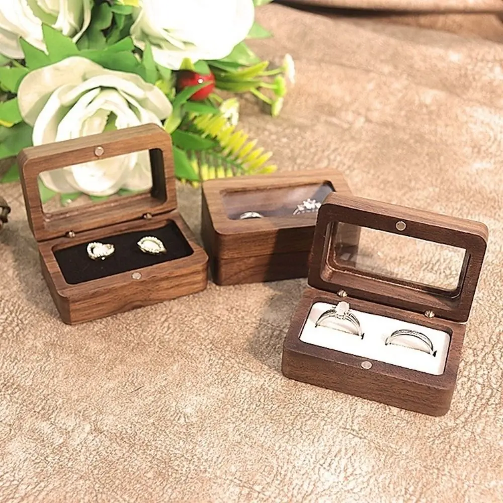 Double Slot Wooden Ring Box Rectangular Opening Window Black Walnut Cufflinks Box Dustproof Exquisite Jewelry Ring Holder