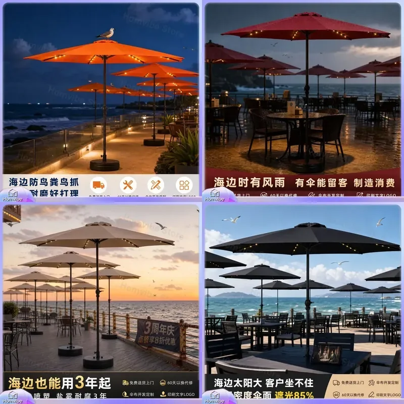 Large Outdoor Patio Umbrella Beach Sunshade Parasol Central Pole Garden Courtyard Cafe Commercial Heavy Duty Windproof Canopy