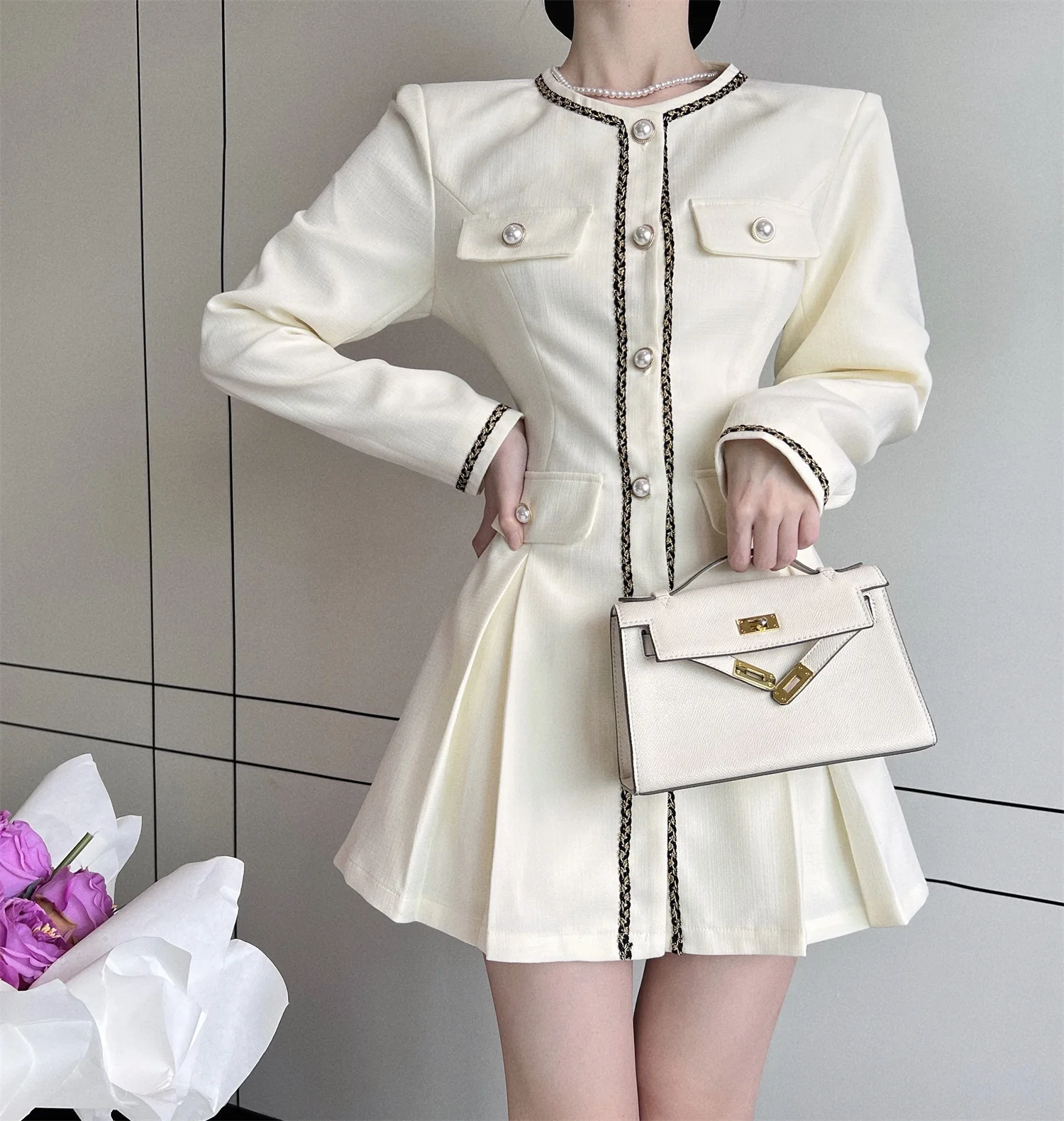 2024 Spring New Sexy Fragrant Style Single Breasted Temperament Slim Fit A-Line Suit Dress Women