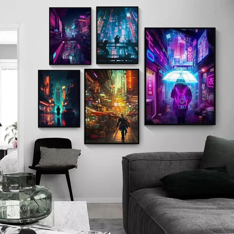 Future Technology City- Cyberpunk- Neon Night View Street Car Canvas Painting and Prints Wall Art Picture for Bedroom Home Deco