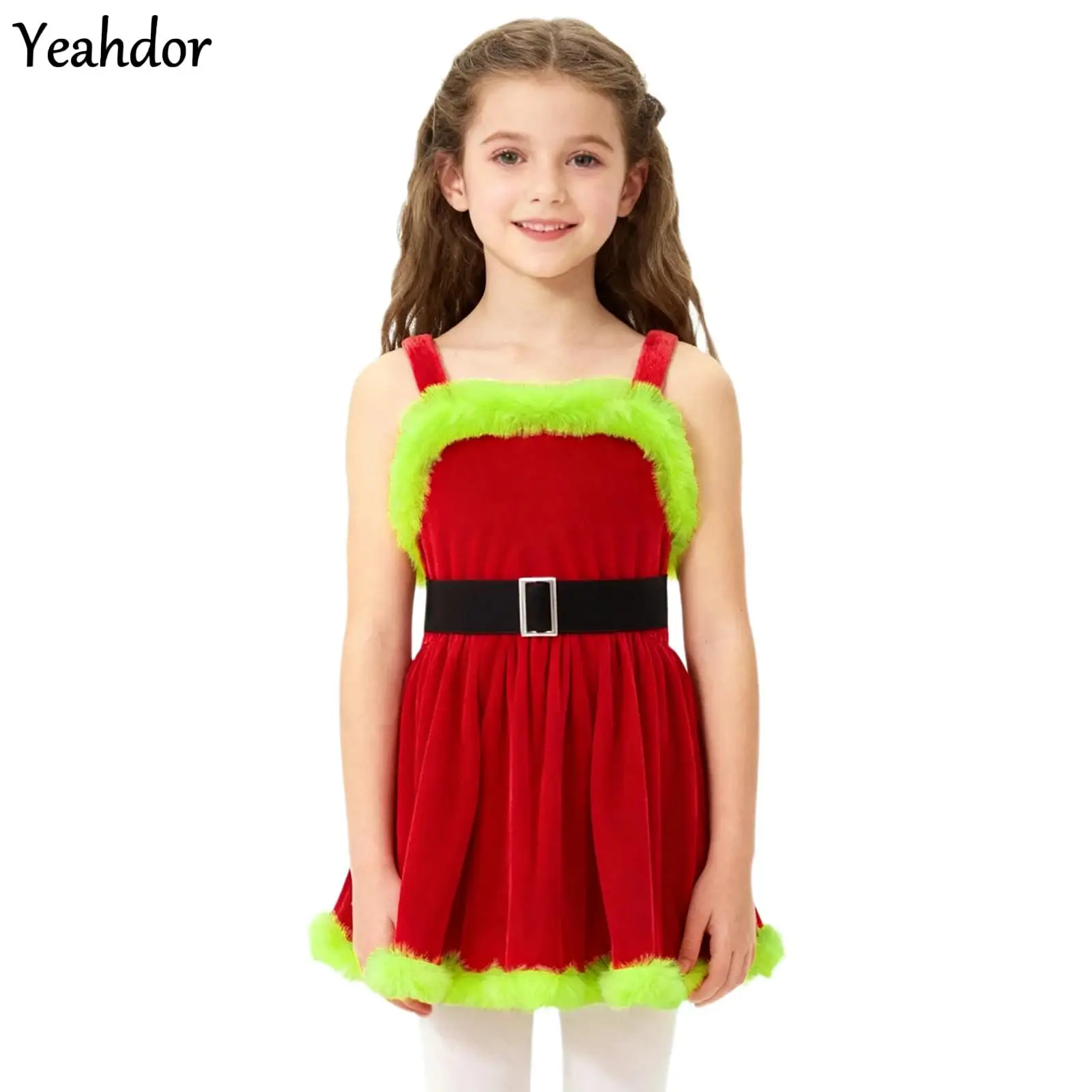 

Girls Christmas Santa Claus Costume Plush Trim Sleeveless Dress with Hooded Shawl Cape Set New Year’s Eve Parties Princess Dress