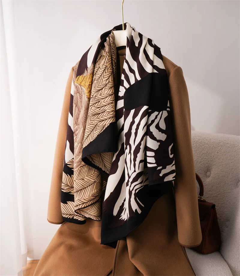 135CM Zebra Pegasus Wool Scarf Silk 140 Designer Cashmere Pashmina Foulard Square Winter Shawls for Women Stole Horse Print