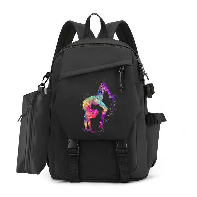 Fashion Women Bookbag Watercolor Gymnastics Backpack for Teenager Girl College Black School Bag Gymnastics Trend Student Mochila