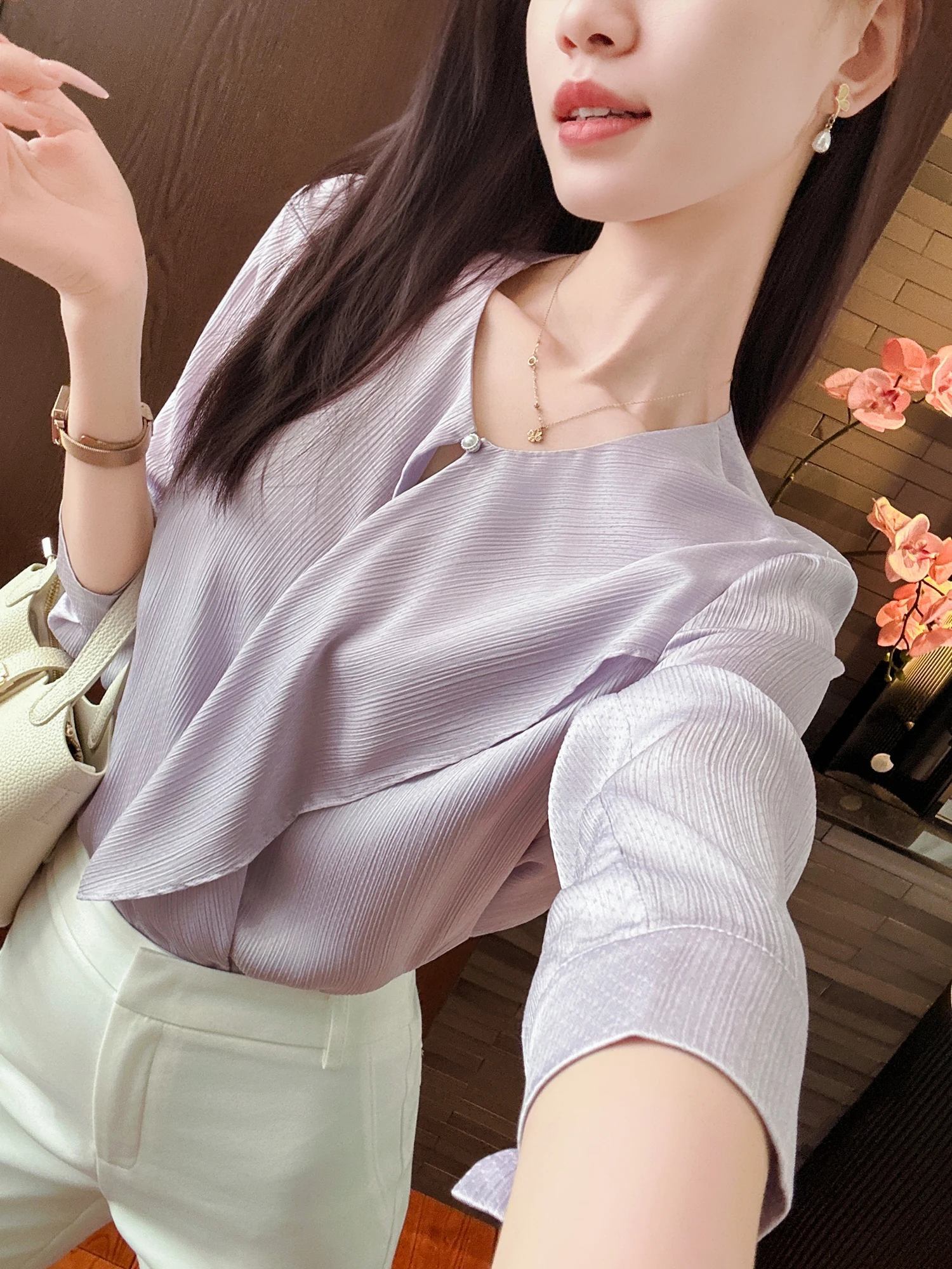 

Женская блузка You See Yuzhen Mist Purple с прецизионным вырезом на воротнике, приталенная, для офиса, с длинным рукавом, премиум-качество