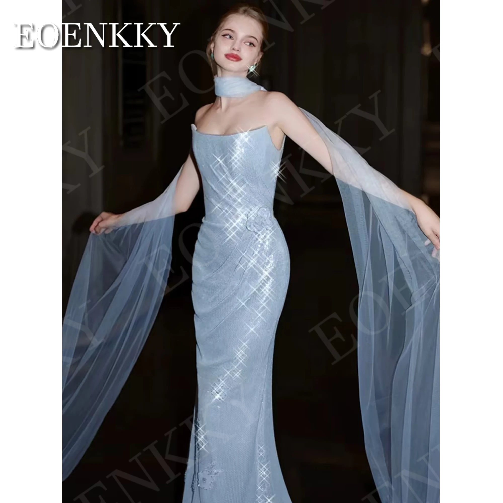 EOENKKY Glitter Mermaid Evening Dress Prom Sparkly Sequin Sleeveless Formal Party Dresses Sky Blue Customized vestidos de fiesta