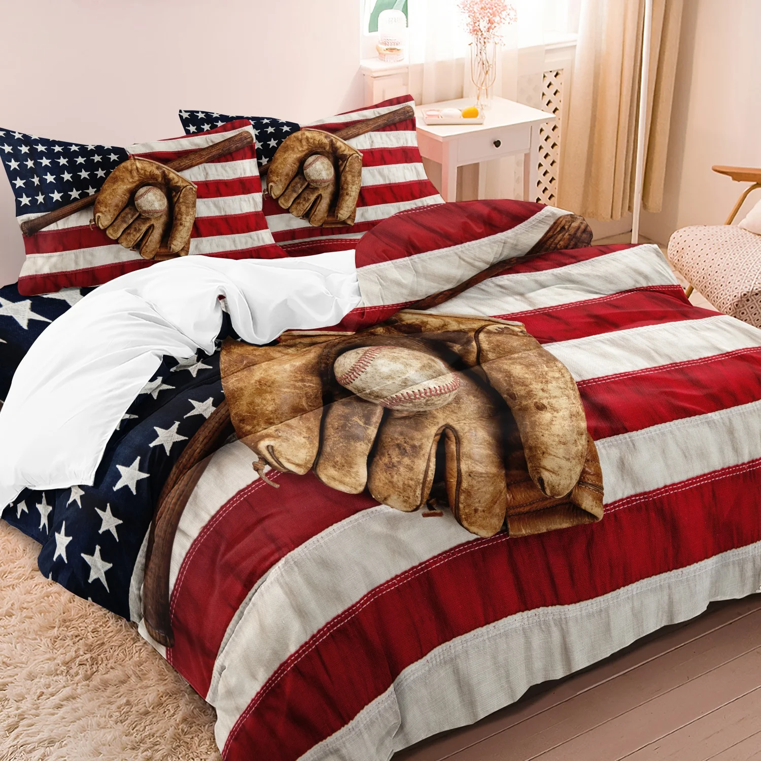3pcs Baseball Print Bedding Set, Patriotic Sports Print Duvet Cover, For Bedroom And Guest Room 1 Duvet Cover And 2 Pillowcases