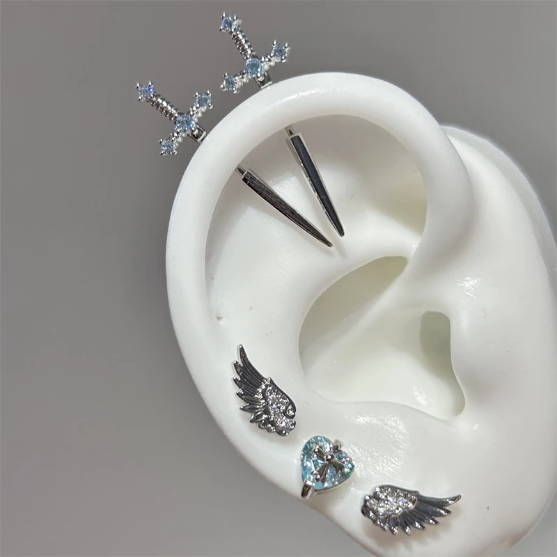 New Fashion Love Wings Cross Stainless Steel Ear Bone Nail Shiny Zircon Trendy Thread Earring for Women Body Piercing Accessorie