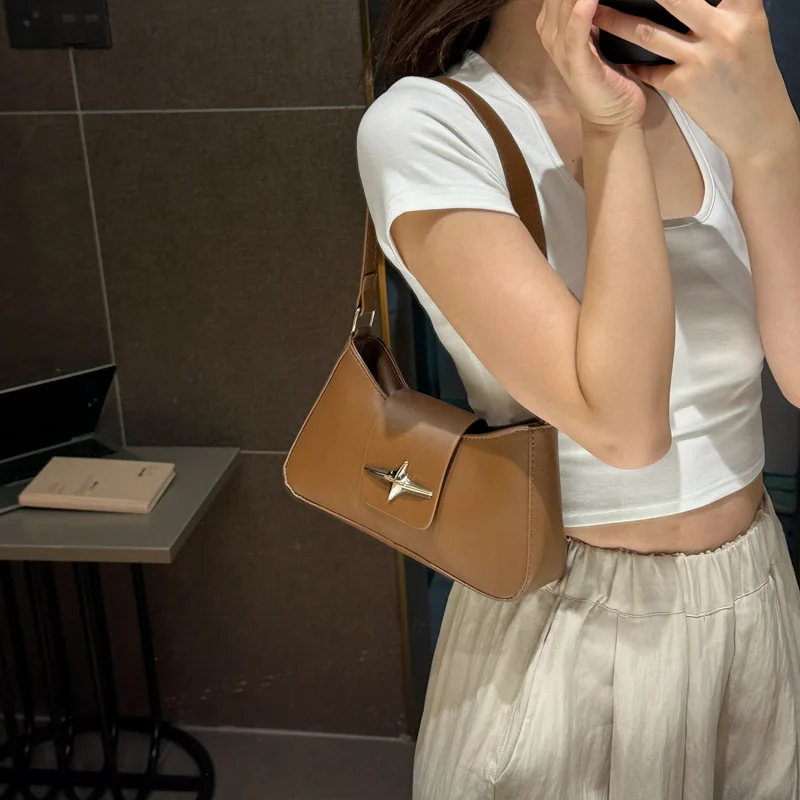

2025 Summer New Armpit Bag Women's Fashion Textured Shoulder Bag Solid Color Four-pointed Star Simple Small Square Bag