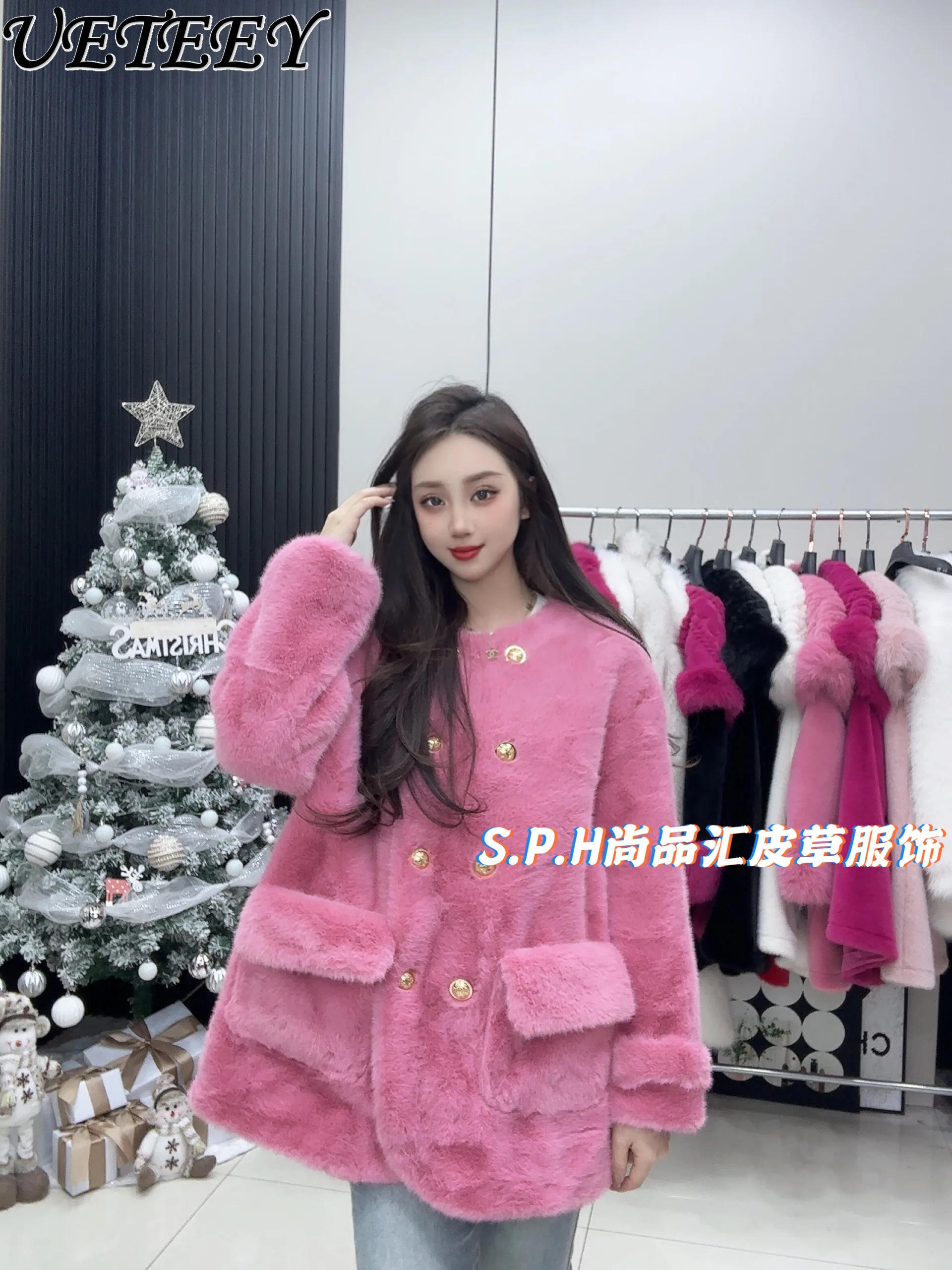 

Round Neck Gold Buckle Fur Coat Jacket Women 2024 New Winter Mid-Length European Mink Furry New Year Pink Fur Lined Coats