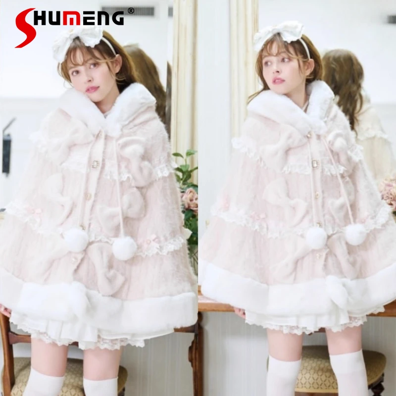 

Liz Hooded Cloak 2025 New Autumn Winter Girls Women Japanese Sweet Bow Plush Warm Knit Ponchos Princess Lolita Capes Jacket