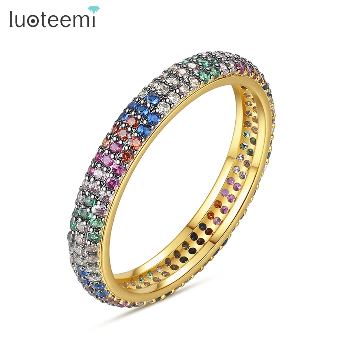 

LUOTEEMI Colorful CZ Eternity Band Ring for Women Rainbow Zirconia Classic Simple Round Circle Men Finger Rings Christmas Gifts