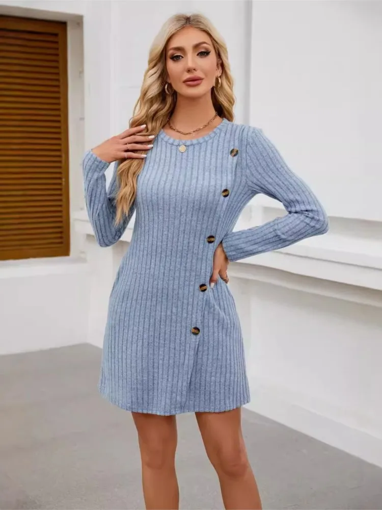 

2025 Women's Fashion Autumn Sweaters Dresses Solid Color Round Neck Long Sleeve Dress Comfort Streetwear Commuting Streetwear