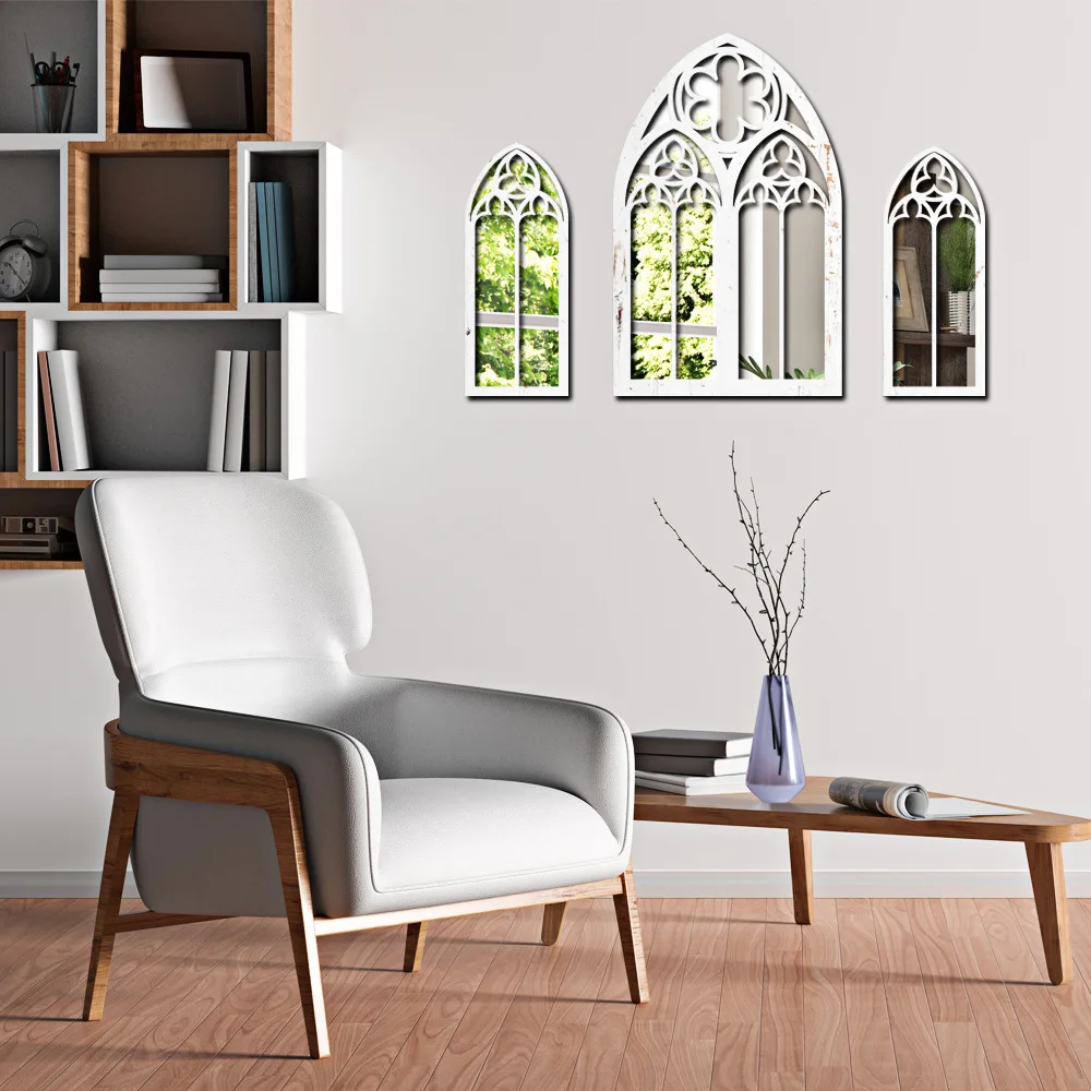 Vintage Gothic Style Faux Window Wall Mirror Wood Hanging Decor for Home Decoration Art Space Bedroom Living Room Gothic Decor view 3