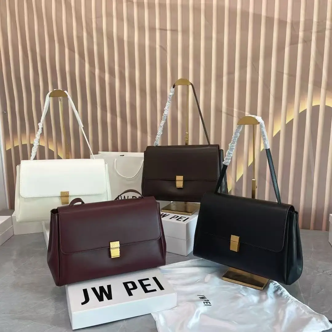 2026JW PEI Vintage Solid Leather Top Handle Bag, Women's Flap Lock Crossbody Purse